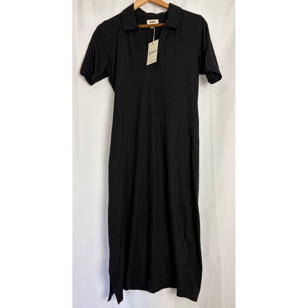 Pact Black Organic Cotton Linen Blend Polo Maxi Dress Shirt Sleeve Medium NEW